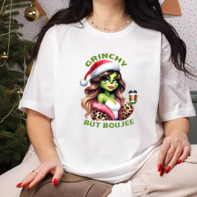 Grinchy But Boujee Shirt, Christmas Boujee Shirt, Grinchy Shirt Cotton Fabric Hoodie, Sweatshirt | InkThreadWorks.com