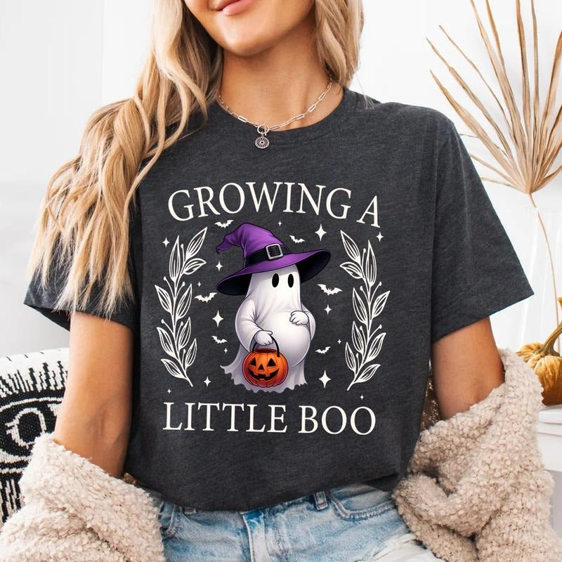 Growing A Little Boo Shirt - Cute Halloween Maternity T-Shirt for Pregnant Moms with Ghost Pumpkin Design, Spooky Season...