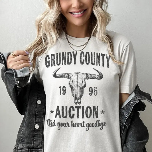 Grundy County Auction Vintage Inspired Concert Tee, Unisex Cotton Round Neck Tee with Graphic Printed Design, 90s Country Music, Western Boho Retro Style Tee