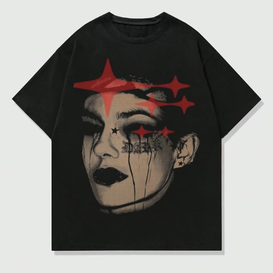 Grunge Punk Men's Portrait Printed Short Sleeve T-Shirt, Suitable For Daily Casual Wear In Spring And Summer, School,Vintage Graphic Tee,Unisex Cotton