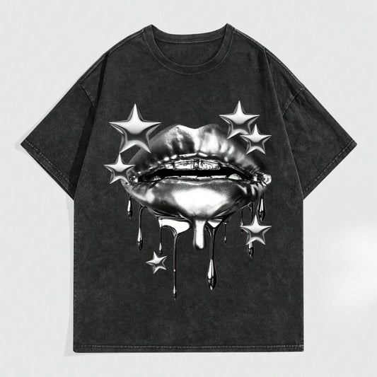 Grunge Punk Men's Street Metal Lip Print Vintage Distressed Short Sleeve T-Shirt, Vintage Graphic Tee, Unisex Crewneck Cotton Short Slevee Streetwear