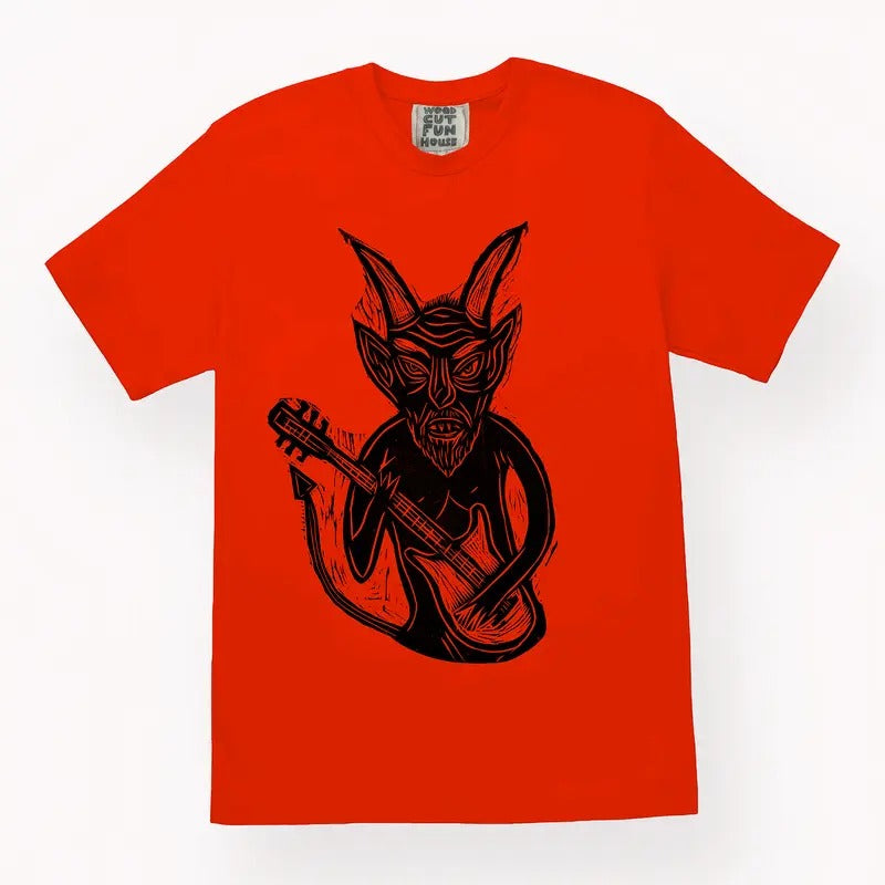 Guitar Devil Woodblock Printed All Cotton T-Shirt Menswear Top Graphic Streetwear