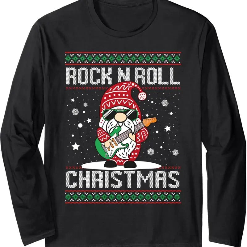 Guitarist Santa Gnome Guitar Rock n Roll Xmas Ugly Christmas Long Sleeve T-Shirt Hoodie, Sweatshirt | InkThreadWorks.com