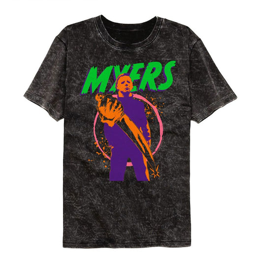 Halloween - Colorful Myers - American Classics - Solid Black Adult Short Sleeve Mineral Wash T-Shirt