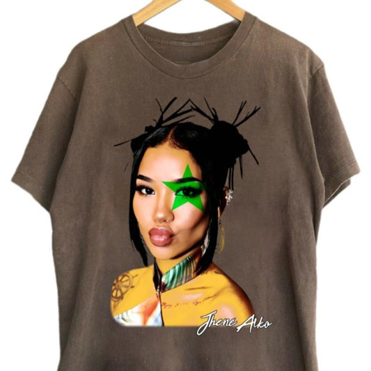 HOT Jhene Aiko T-shirt Green Star Graphic Tee Big Face Unisex Shirt Fashion Clothing