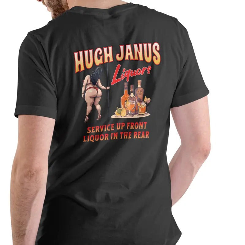 HUGH JANUS LIQUORS T Shirt, Unisex Cotton, funny shirt Menswear Soft Stylish Top Hoodie, Sweatshirt | InkThreadWorks.com