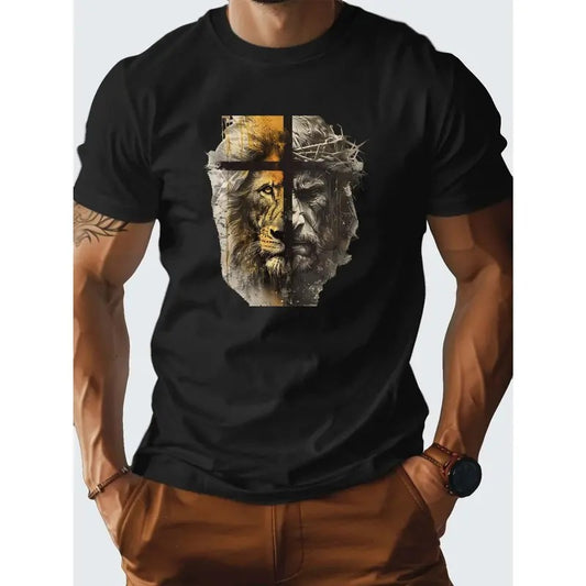Half Lion And Half Jesus Print Tee Shirt, Tees For Men, Casual Short Sleeve T-shirt For Summer Made in USA Hoodie, Sweatshirt