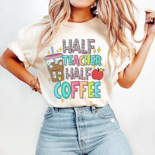 Half Teacher Half Coffee T-Shirt,Funny Teacher T-Shirt,Dalmatian Doodle Dots,Retro Teacher,Back to School T-Shirt,Teacher Appreciation, Gift for Teacher
