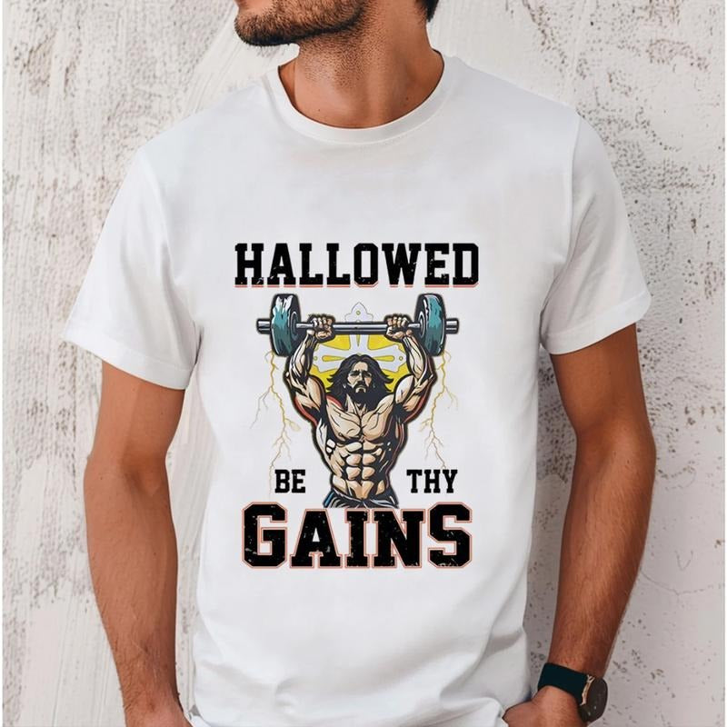 Hallowed Be Thy Gains Jesus Gym T-Shirt Pure Cotton Casual Street Style Crew Neck Short Sleeve T-Shirt Tops Trendy For...