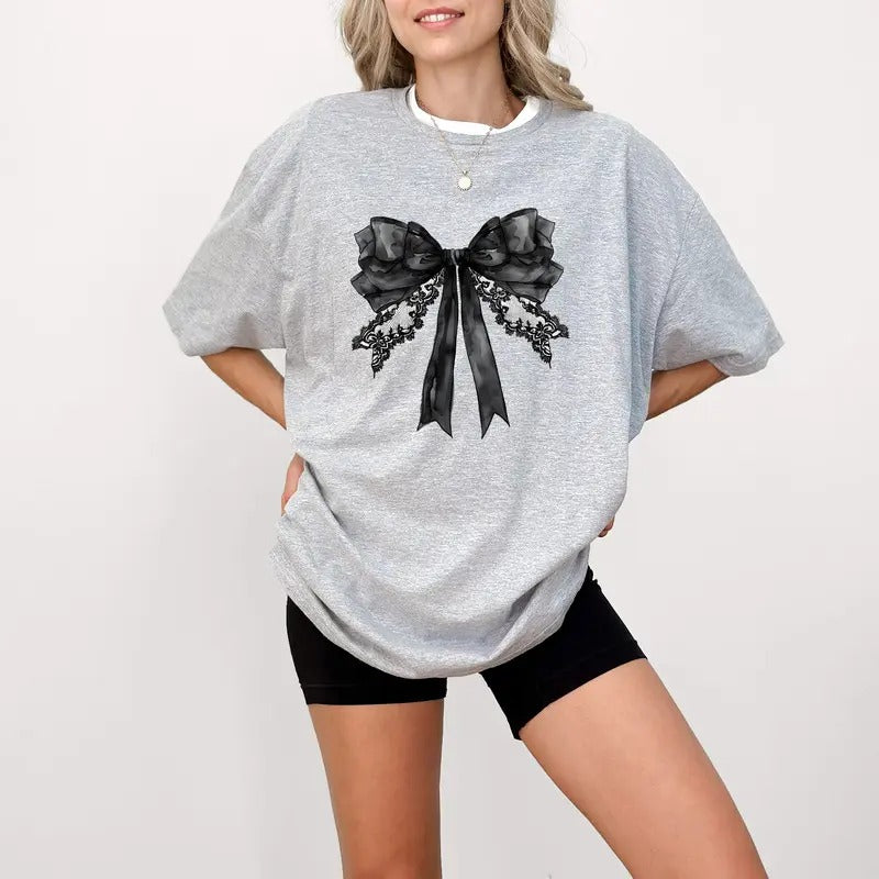 Halloween Coquette Bow T-Shirt, Retro Halloween Sweatshirt, Gothic Bat T Shirt, Trending Sweater, Black Bow Womenswear...