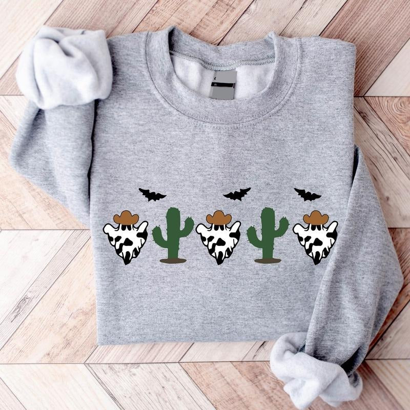Halloween Cow Sweatshirt, Funny Ghost Halloween Hoodie, Matching Cowboy Sweater, Unisex Western Halloween Gift Sweatshirt, Spooky Season Long Sleeve.