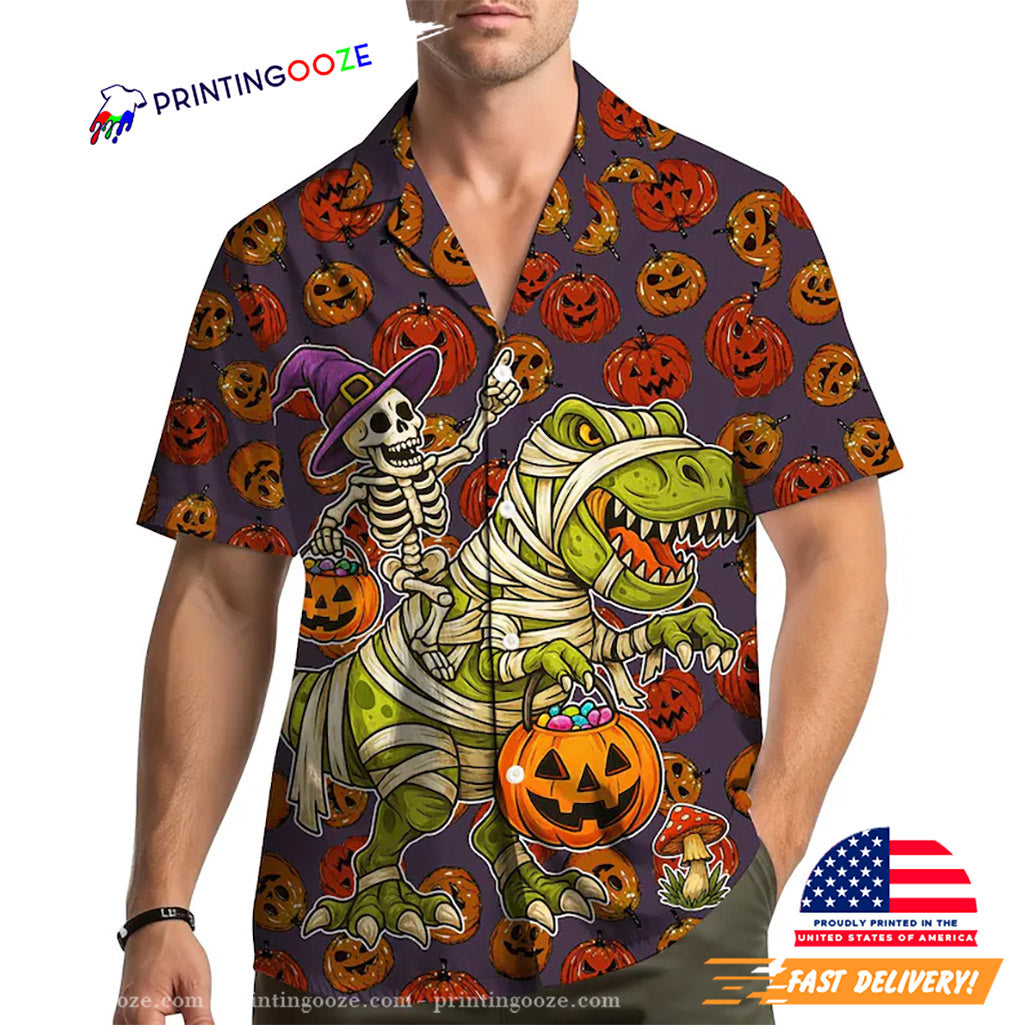 Halloween Dinosaur Funny Skeleton Mummy Pumpkin Hawaiian Shirt