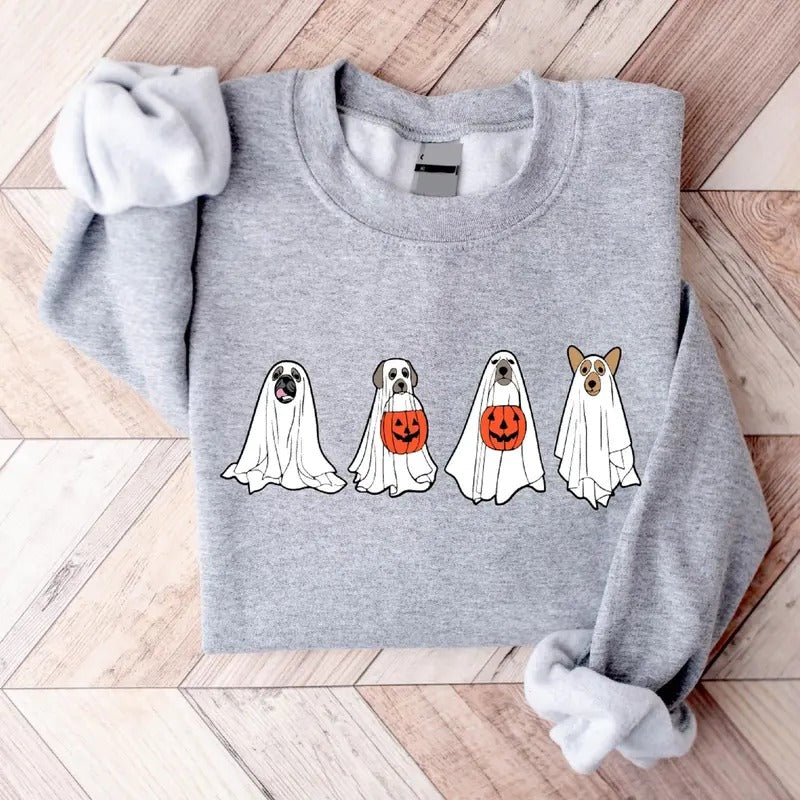 Halloween Dog Sweatshirt, Funny Ghost Dog Halloween Hoodie, Dog Lover Gift Sweater, Spooky Season Long Sleeve. T-Shirts