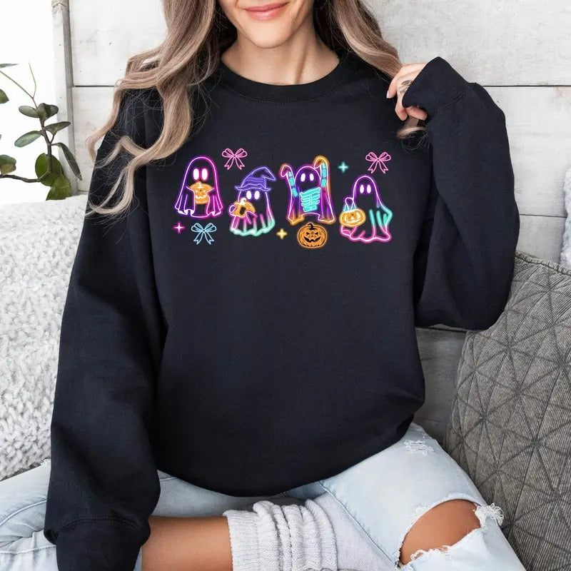 Halloween Ghost Neon Sweatshirt, Coquette Bow Girls Shirt, Neon Spooky Ghosts Sweater, Spooky Season Women T-Shirt Hoodie
