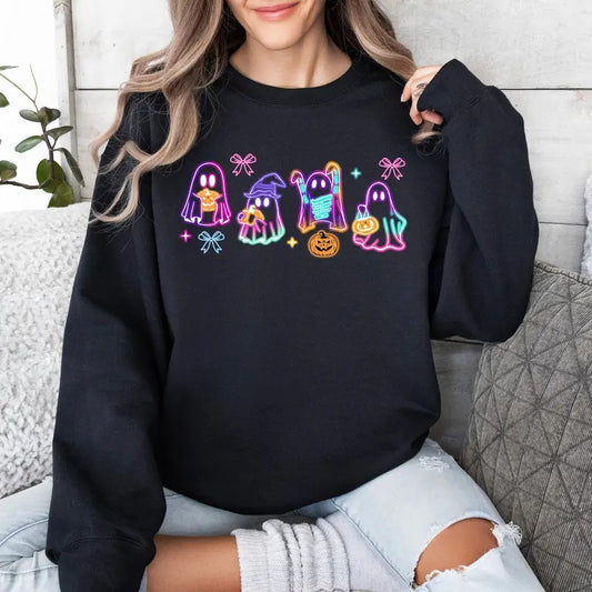 Halloween Ghost Neon Sweatshirt, Coquette Bow Girls Shirt, Neon Spooky Ghosts Sweater, Spooky Season Women T-Shirt Hoodie