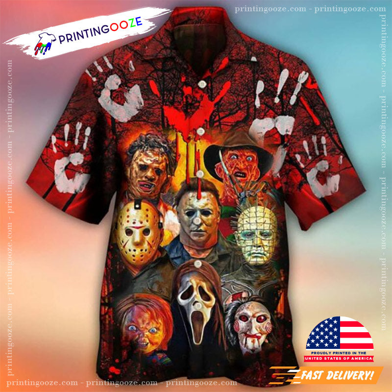 Halloween Horror Movie Characters 90s Bloody Handprint Hawaiian Shirt