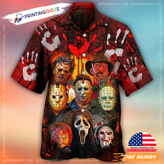 Halloween Horror Movie Characters 90s Bloody Handprint Hawaiian Shirt