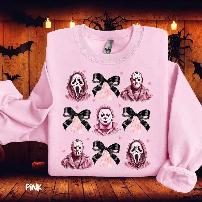 Halloween Horror Sweatshirt, Halloween Coquette Bow Sweatshirts, Horror Character Sweatshirt Halloween Character Shirt, Horror Movie Shirts, Mental Health Matter, S to 4XL, Graphic Sweater