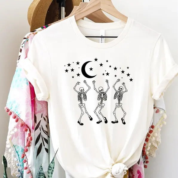 Halloween Party Dancing Skeleton Shirt, Fall Vintage Skull Adults T-Shirt, Dancing Skeleton Ghost Printed Tee Tops,...