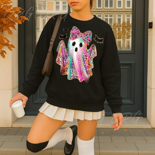 Halloween Party Sweatshirt, Cute Rainbow Ghost Graphic Hoodir, Colorful Bow Spirit Top, Spooky Fall Outfit for Women