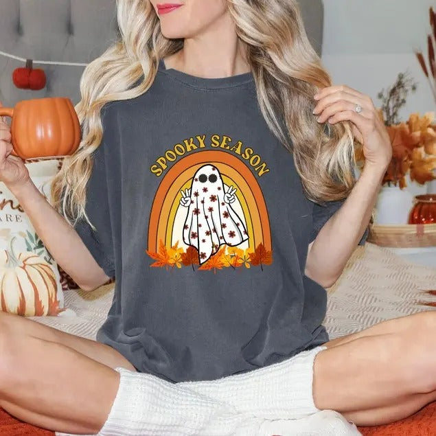 Halloween Shirt, Spooky Season Shirt, Cute Ghost Shirt, Fall Rainbow Shirt, Autumn Shirt, Halloween Women's Shirt ...