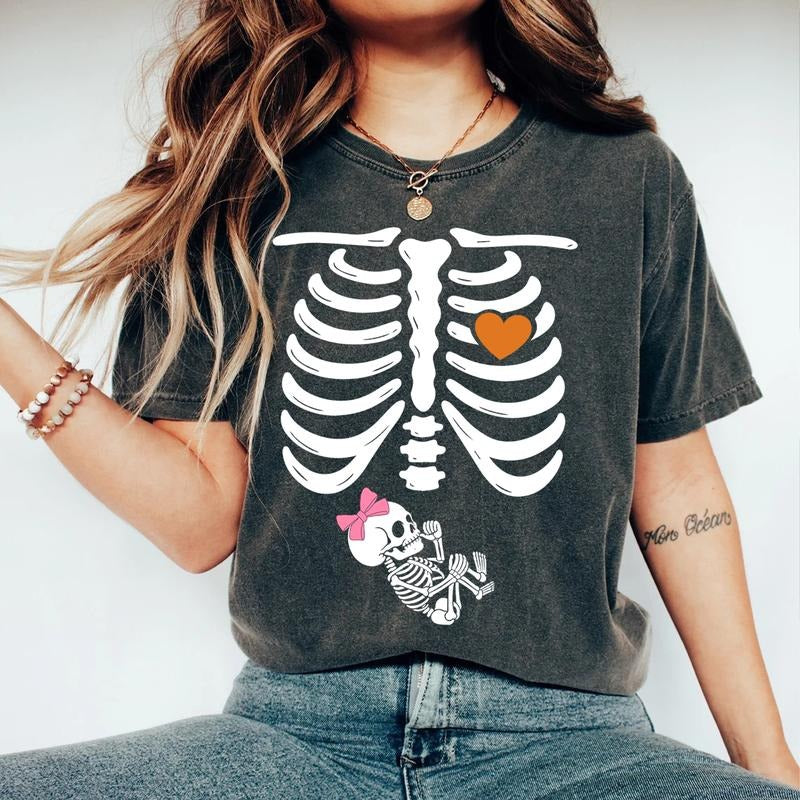 Halloween Skeleton Pregnant Shirt Girl Baby - Funny Maternity Costume Sweatshirt with Pink Bow, Spooky Pregnancy Reveal T-Shirt, Girl Mom Gift