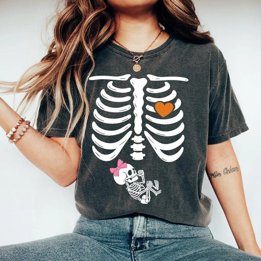 Halloween Skeleton Pregnant Shirt Girl Baby - Funny Maternity Costume Sweatshirt with Pink Bow, Spooky Pregnancy Reveal T-Shirt, Girl Mom Gift