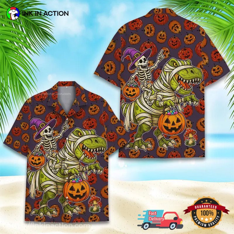 Halloween Skeleton Riding T-rex Hawaiian Shirt