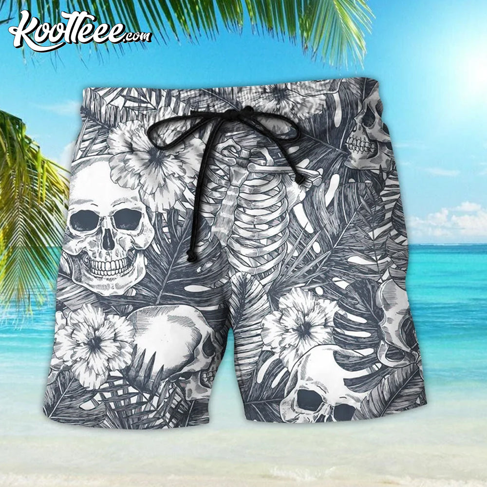 Halloween Skull Tropical Grey Hawaiian Shirt And Shorts