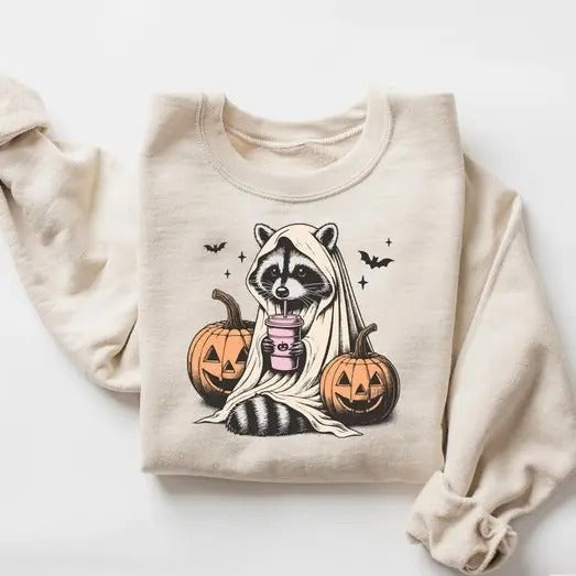Halloween Sweatshirt, Cute Raccoon Ghost Sweatshirt, Retro Halloween Sweatshirt, Spooky Season Gift, Raccoon Halloween...