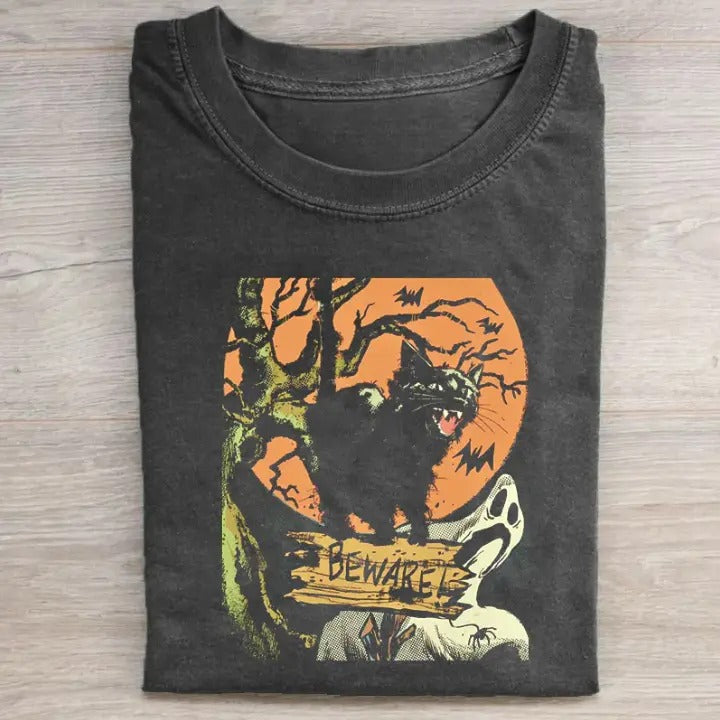 Halloween Vintage Tees, Black Cat T-shirt, Horror Movie Shirt, Unisex Funny Halloween Shirt Menswear Womenswear...