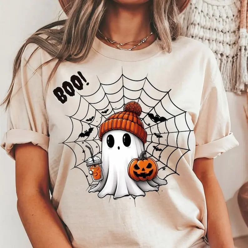 Halloween ghost cute shirt, boo spooky season, beanie, short sleeve unisex t shirt, boo Shirt, spooky ghost, bubble tea...