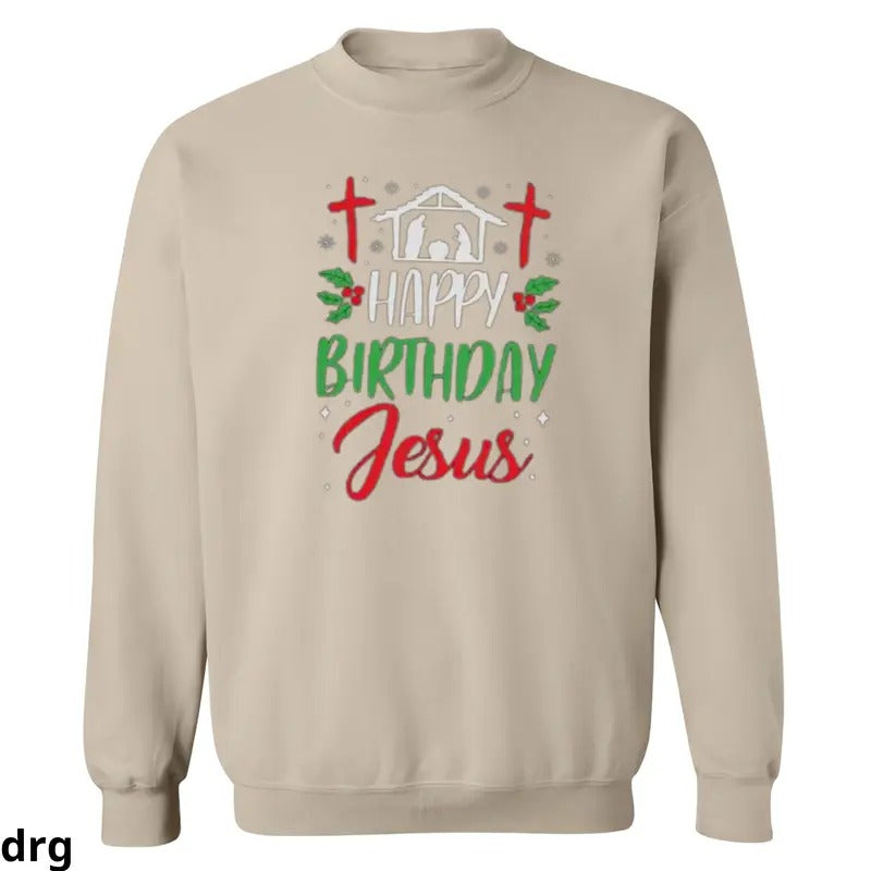 Happy Birthday Jesus Sweatshirt, Christian Christmas Apparel with Nativity Scene and Festive Design, Hoodie Cozy Winter...