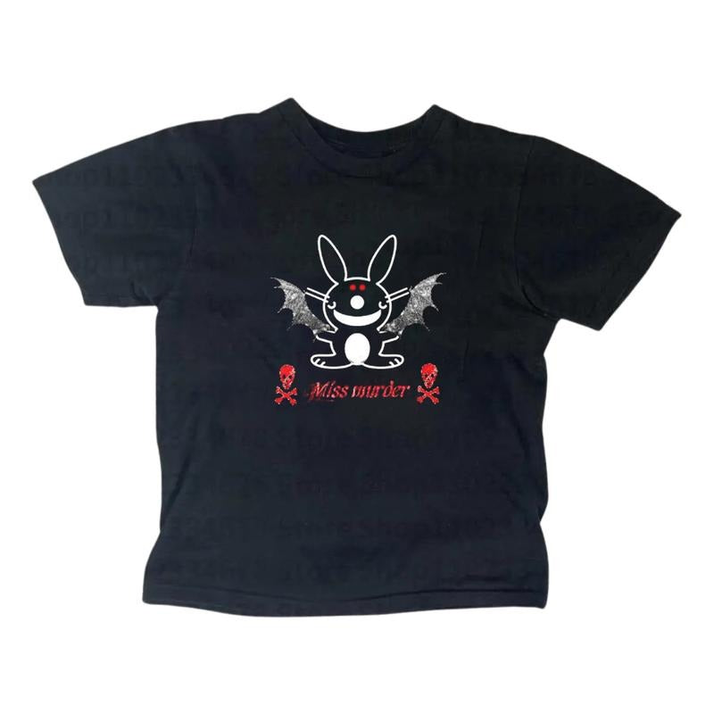 Happy Bunny Baby Tee for Girls - Gothic Emo Style Women's Top Y2K Streetwear