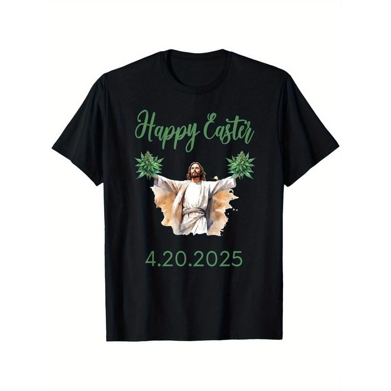 Happy Easter 420 Weed Graphic T-Shirt, 100% Cotton Crew Neck Tee, Casual All-Season Knit Fabric Top with Printed Design for Adults, Cotton T Shirts Made in USA