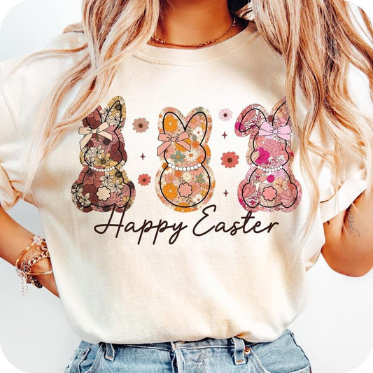 Happy Easter Bunny Floral T-Shirt, Easter Bunny T-Shirt, Retro Easter T-Shirt, Spring Floral T-Shirt, Girly Easter...