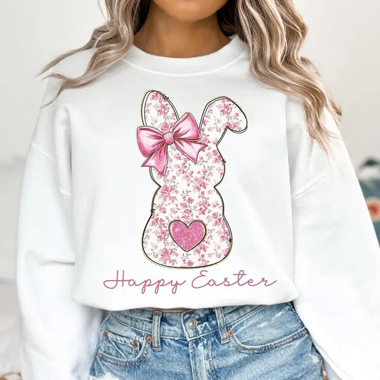 Happy Easter Tshirt Sweatshirt, Pink Floral Chinoiserie Bunny Shirt, Pink Toile Easter Rabbit, Easter Coquette, Unisex...