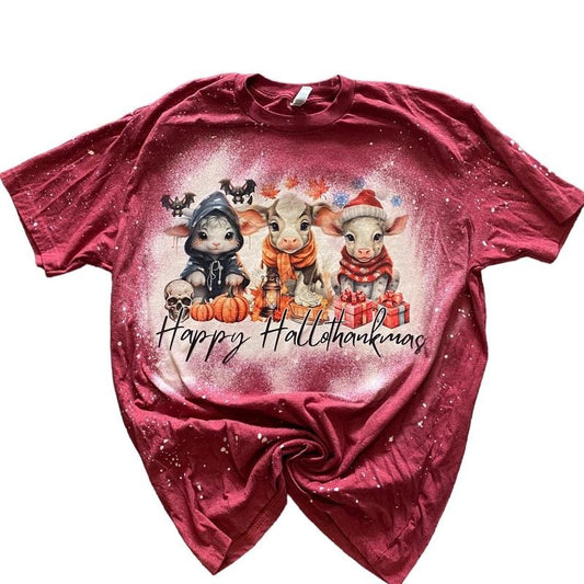 Happy Hallothankmas Bleached Shirt Hoodie, Sweatshirt | InkThreadWorks.com