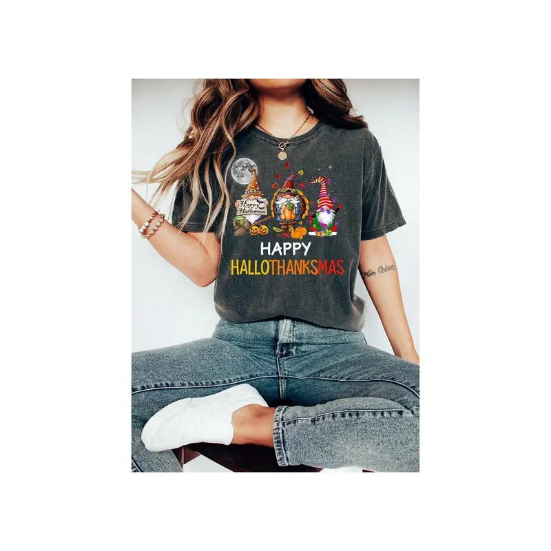 Happy Hallothanksmas Shirt Halloween Shirt Thanksgiving Shirt Christmas Gnome Shirt Christmas Sweatshirt Happy Halloween...