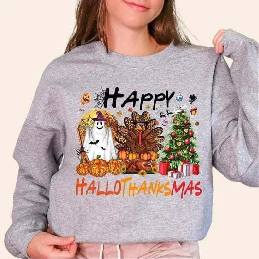 Happy Hallothanksmas Shirt, Funny Unisex T Shirt Crewneck Cotton Fabric Hoodie, Sweatshirt | InkThreadWorks.com