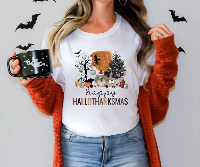 Happy Hallothanksmas Shirt, Happy Halloween Thanksgiving Christmas Shirt Hoodie, Sweatshirt | InkThreadWorks.com