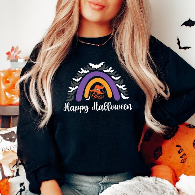Happy Halloween Sweatshirt, Matching Halloween Rainbow Hoodie, Spooky Pumpkin Gift Sweater, Spooky Season Long Sleeve,...