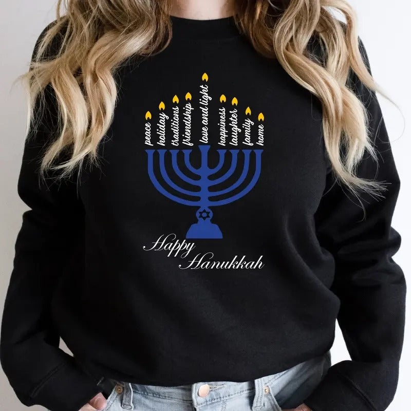 Happy Hanukkah Sweatshirt, Hanukkah Hoodie, Jewish Gift For Celebration, Holiday Gift Sweater, Religious Sweatshirt For...