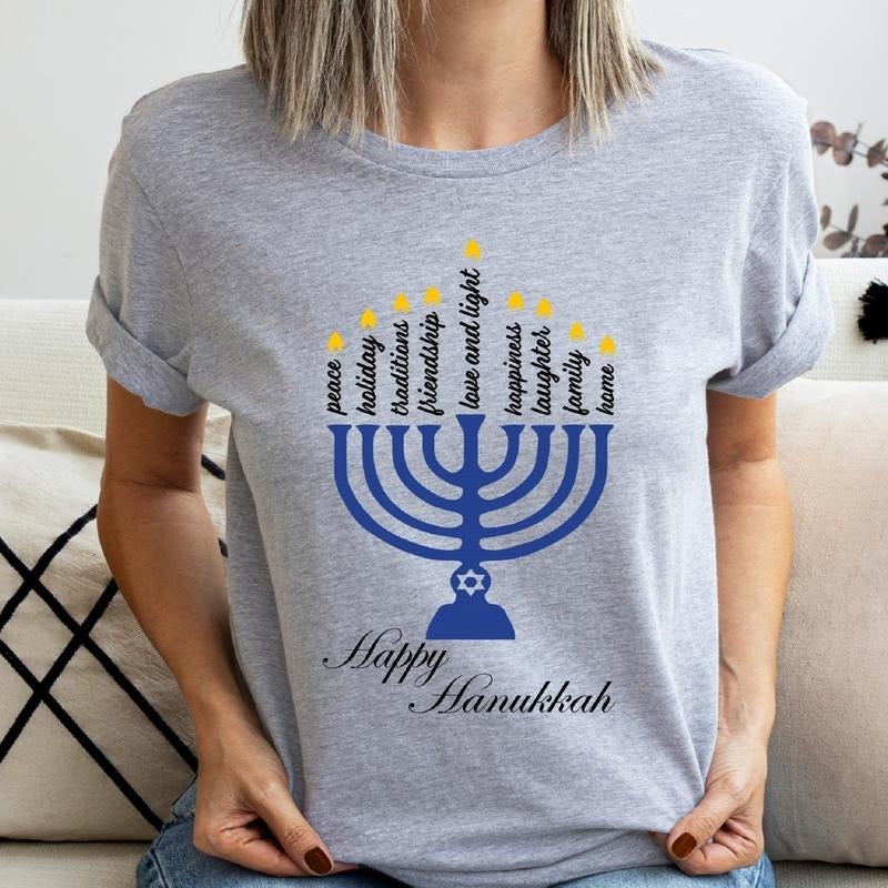 Happy Hanukkah T-Shirt, Matching Jewish Saying Family Shirt, Holiday Gift Tee, Menorah Shirt For Woman. Hoodie, Sweatshirt