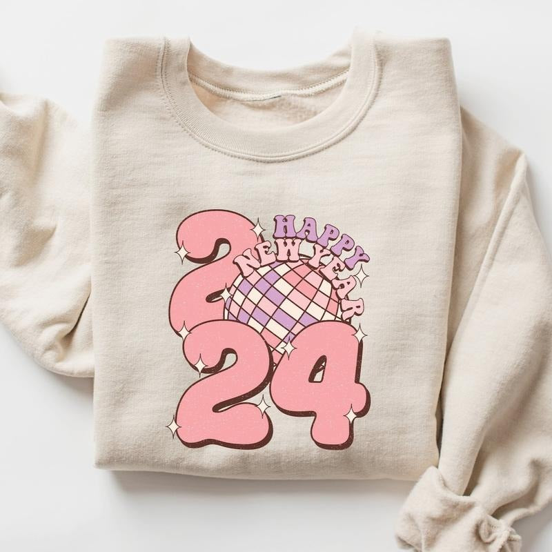 Happy New Year 2024 Sweatshirt - Retro Christmas Sweatshirt For Women T-Shirts, Hoodie | InkThreadWorks.com