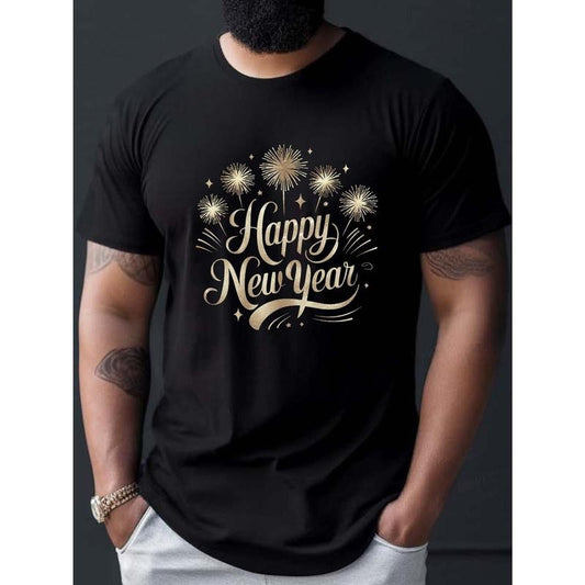 Happy New Year Fireworks & Stars Print Men's T-Shirt