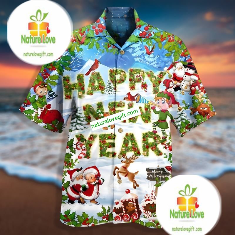 Happy New Year Santa Claus Reindeer And Elf Green Silk Hawaiian Shirts