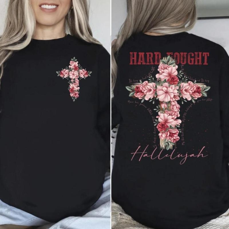 Hard Fought Hallelujah Shirt, Floral Christian Tee Pure Cotton Casual Street Style Crew Neck Short Sleeve T-Shirt Tops...