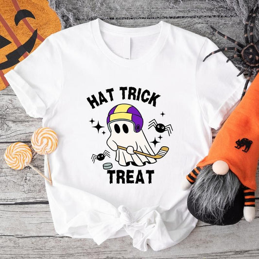 Hat Trick or Treat Shirt, Hockey Halloween T-Shirt, Cute Ghost Tee, Matching Hockey Player Halloween Gift Tee, Boo Day Celebration Shirt.