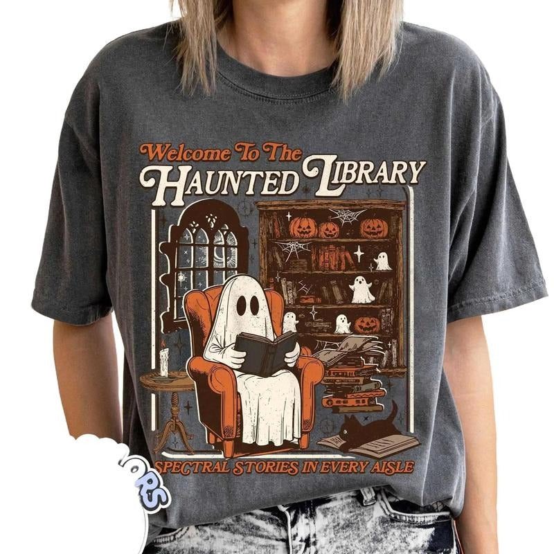 Haunted Library Comfort Colors Shirt, Retro Ghost Reading Books Shirt, Reading Ghost T-shirt Fall, Librarian Ghost...